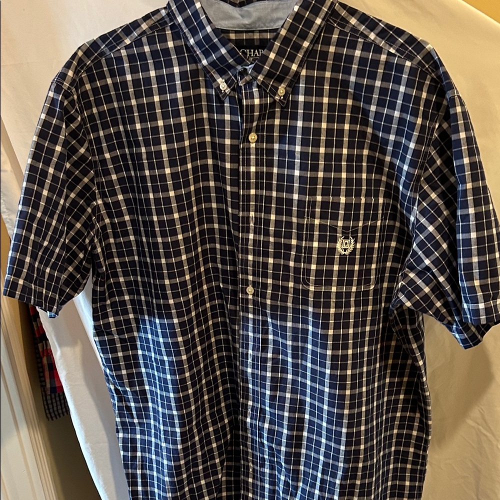 Navy and white Chaps easy care short sleeve button down shirt for me.